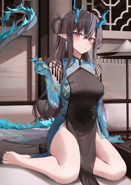 Anime picture 4300x6048 with arknights dusk (arknights) ru zhai single long hair tall image looking at viewer blush fringe highres breasts light erotic black hair hair between eyes red eyes sitting holding absurdres bent knee (knees) indoors