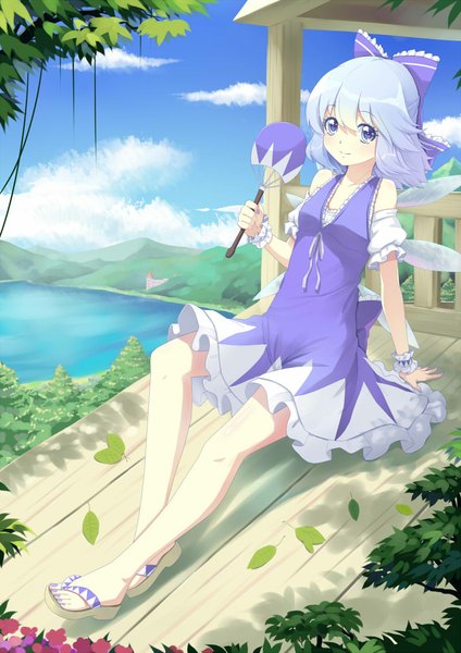 Anime picture 800x1131 with touhou cirno sonikey0 0 single tall image looking at viewer short hair blue eyes sitting blue hair sky cloud (clouds) girl dress bow hair bow wings leaf (leaves) fan sandals