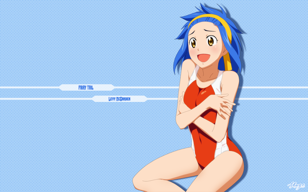Anime-Bild 2560x1600 mit fairy tail levy mcgarden shugo19 single long hair highres open mouth light erotic simple background smile signed yellow eyes blue hair :d copyright name character names blue background polka dot polka dot background girl