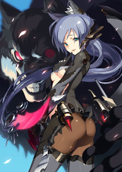 Anime picture 708x1000 with original masa (masa) long hair tall image looking at viewer fringe blue eyes light erotic smile twintails animal ears sky purple hair ass sunlight teeth finger to mouth clenched teeth girl weapon