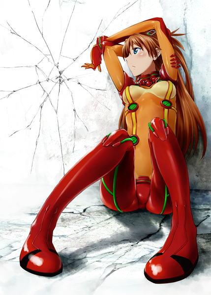 Anime picture 1200x1679 with neon genesis evangelion rebuild of evangelion evangelion: 2.0 you can (not) advance gainax soryu asuka langley shikinami asuka langley imao kiiru single long hair tall image blush blue eyes sitting orange hair arms up girl bodysuit pilot suit