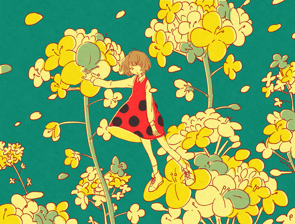 Anime picture 2431x1847 with original mitsuki sanagi single highres short hair brown hair full body polka dot minigirl girl dress flower (flowers) petals shoes red dress sneakers