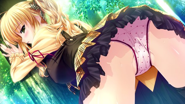 Anime picture 2560x1440 with prism recollection uisaki hinano shintarou single long hair looking at viewer blush highres light erotic blonde hair wide image twintails green eyes game cg ass profile wet drill hair polka dot upskirt