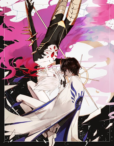 Anime picture 664x850 with fate (series) fate/grand order karna (fate) arjuna (fate) mo (mocopo) tall image short hair black hair bent knee (knees) white hair profile multiple boys dark skin holding hands border eye contact upside down rotational symmetry boy gloves