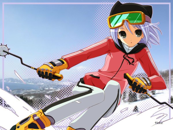 Anime picture 1280x960 with dreamsoft tsurugi hagane winter snow goggles on head skiing girl goggles skis