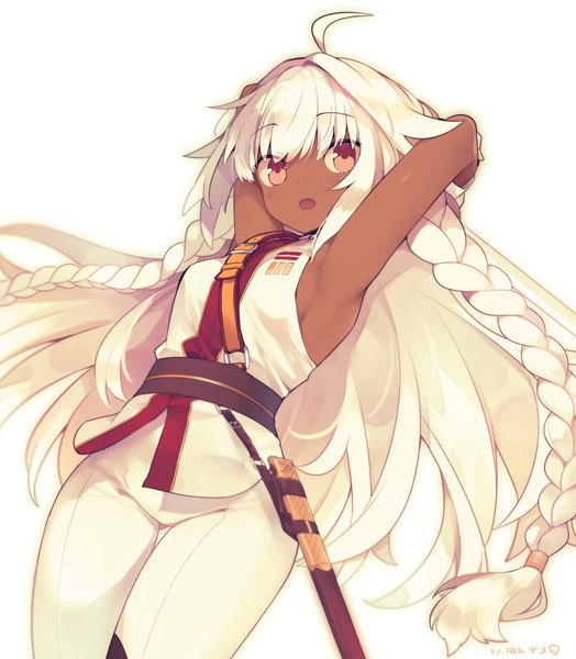 Anime picture 1000x1146 with fate (series) fate/grand order lakshmibai (fate/grand order) yuzuki gao single long hair tall image looking at viewer blush fringe breasts open mouth light erotic simple background smile hair between eyes standing white background brown eyes payot