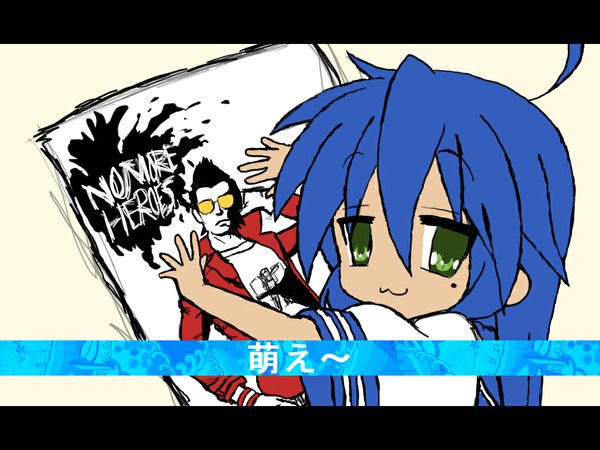 Anime picture 1024x768 with lucky star no more heroes kyoto animation izumi konata green eyes blue hair ahoge mole mole under eye crossover parody girl poster travis touchdown