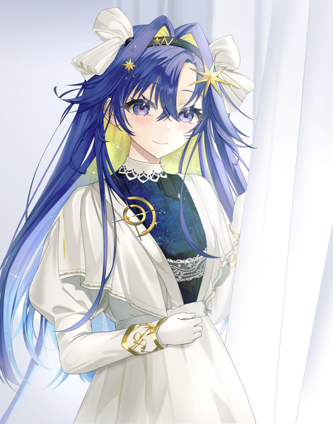 Anime picture 1802x2294 with reverse:1999 voyager (reverse:1999) zzinbbang single long hair tall image blush fringe highres smile hair between eyes standing purple eyes blue hair upper body multicolored hair colored inner hair girl dress gloves