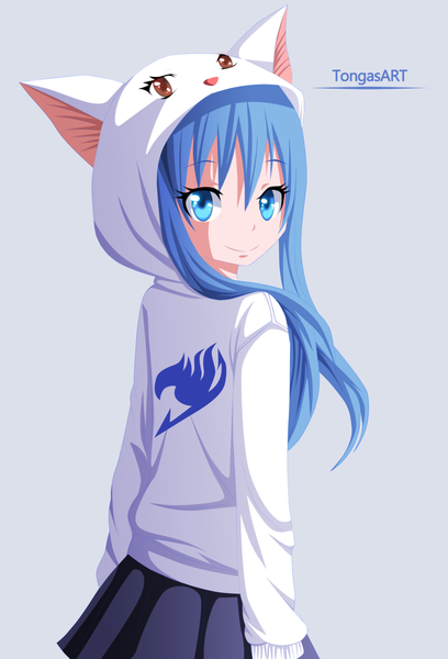 Anime picture 2373x3486 with fairy tail wendy marvell tongasart single long hair tall image highres blue eyes simple background smile blue hair pleated skirt looking back coloring girl animal costume cat costume