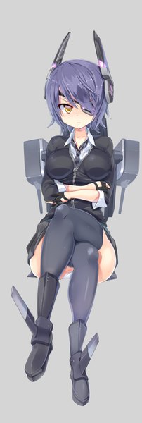 Anime picture 758x2243 with kantai collection tenryuu light cruiser mamo williams single tall image blush short hair light erotic simple background sitting yellow eyes looking away grey background pantyshot crossed legs pantyshot sitting crossed arms girl thighhighs skirt