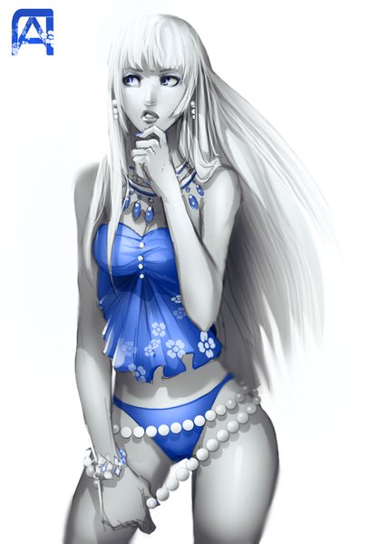 Anime picture 1200x1725 with original pechan (artist) single long hair tall image blue eyes light erotic simple background white background looking away white hair monochrome partially colored girl underwear panties earrings bracelet beads