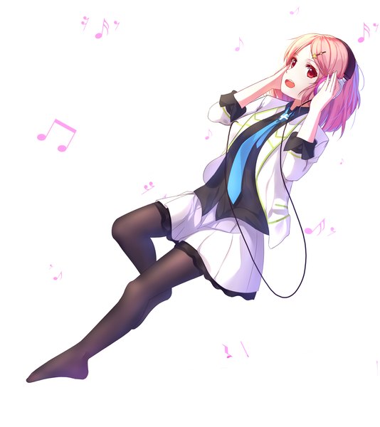 Anime picture 2420x2715 with musaigen no phantom world minase koito unscpro single tall image looking at viewer highres short hair open mouth simple background red eyes white background pink hair bent knee (knees) no shoes hand on headphones girl uniform hair ornament school uniform
