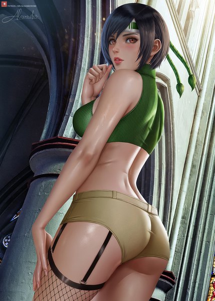 Anime picture 1800x2520 with final fantasy final fantasy vii square enix yuffie kisaragi alexanderdinh single tall image looking at viewer blush fringe highres short hair breasts light erotic black hair large breasts standing brown eyes signed ass