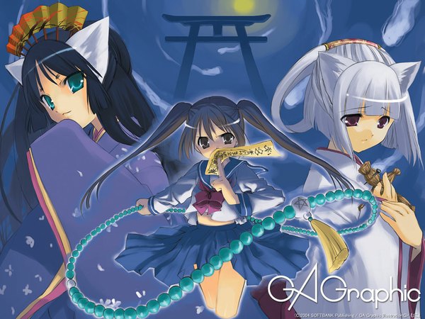 Anime picture 1024x768 with gagraphic g munyo long hair looking at viewer fringe black hair purple eyes twintails multiple girls brown eyes animal ears silver hair blunt bangs traditional clothes japanese clothes aqua eyes cat ears copyright name looking down miko