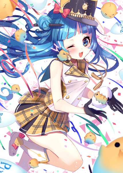 Anime picture 3000x4200 with original pixiv tyanotya single long hair tall image blush highres open mouth blue eyes blue hair one eye closed wink sparkle hair bun (hair buns) sleeveless plaid skirt plaid animal on shoulder girl