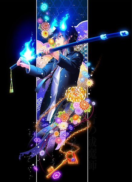 Anime picture 1275x1750 with ao no exorcist a-1 pictures okumura rin nonoi single tall image short hair open mouth blue eyes blue hair pointy ears open clothes open jacket glowing open collar boy uniform flower (flowers) weapon school uniform