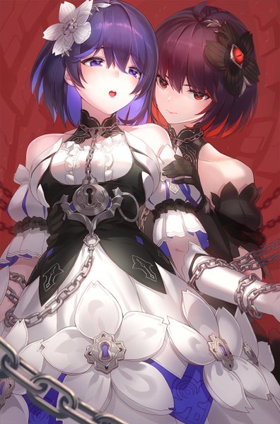 Anime picture 812x1230 with honkai impact 3rd benghuai xueyuan honkai (series) seele vollerei kfr tall image looking at viewer blush fringe short hair open mouth hair between eyes red eyes purple eyes multiple girls purple hair red hair hair flower puffy sleeves restrained