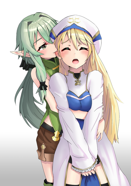 Anime picture 2480x3508 with goblin slayer! high elf archer (goblin slayer!) priestess (goblin slayer!) jtleeklm long hair tall image blush fringe highres breasts open mouth light erotic simple background blonde hair smile hair between eyes standing white background twintails bare shoulders