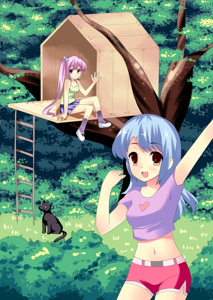 Anime picture 857x1205 with original juul long hair tall image looking at viewer blush fringe open mouth smile standing sitting multiple girls brown eyes blue hair pink hair full body bent knee (knees) outdoors pleated skirt pink eyes