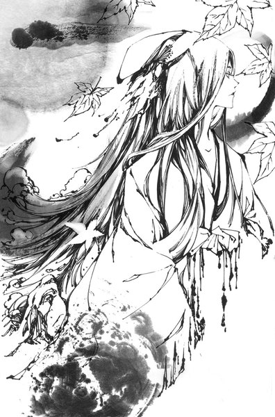 Anime picture 787x1191 with original kei shu (artist) single tall image white background looking away white hair very long hair traditional clothes japanese clothes profile wind monochrome girl kimono leaf (leaves) maple leaf