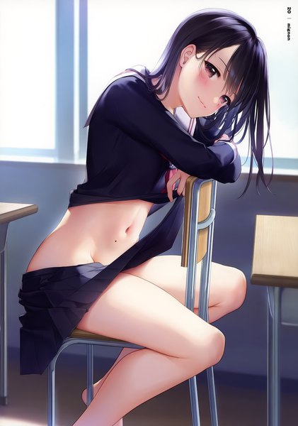 Anime picture 2528x3600 with original mignon single long hair tall image looking at viewer blush fringe highres light erotic black hair sitting holding brown eyes indoors long sleeves head tilt pleated skirt light smile scan