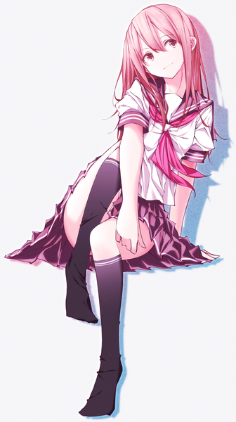 Anime picture 643x1148 with original delaney single long hair tall image fringe light erotic simple background smile hair between eyes white background sitting looking away pink hair bent knee (knees) head tilt pleated skirt pink eyes arm support shadow