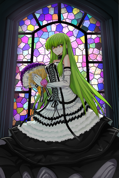 Anime picture 2000x3000 with code geass sunrise (studio) c.c. night247 single long hair tall image looking at viewer fringe highres smile standing bare shoulders holding yellow eyes green hair scan wedding girl dress