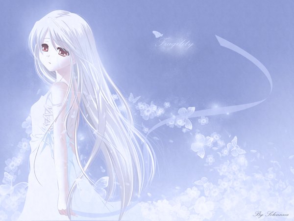 Anime picture 1600x1200 with white clarity rino (white clarity) single long hair fringe hair between eyes red eyes standing looking away sky silver hair wind sunlight sad girl dress flower (flowers) ribbon (ribbons) white dress insect