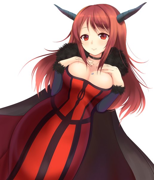 Anime picture 860x1000 with maoyuu maou yuusha arms corporation maou (maoyuu) kirimoti34 single long hair tall image looking at viewer breasts light erotic simple background red eyes large breasts white background red hair horn (horns) girl dress
