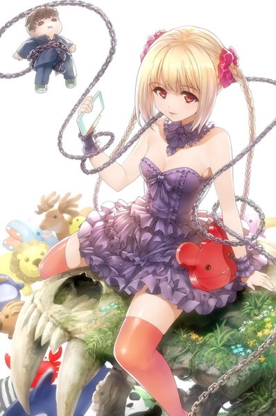 Anime picture 996x1500 with darwin's game karino shuka sudou kaname takahata yuki single tall image looking at viewer fringe open mouth blonde hair sitting bare shoulders brown eyes payot cleavage braid (braids) very long hair arm up arm support spread legs