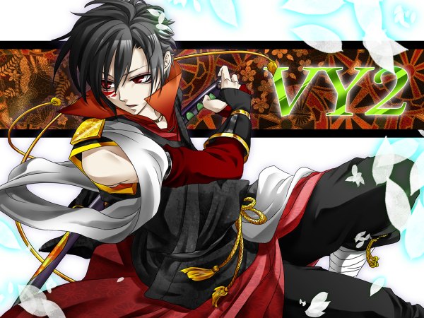 Anime picture 1200x900 with vocaloid vy2 single short hair black hair red eyes boy weapon detached sleeves petals sword katana
