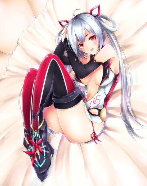 Anime picture 1531x1939 with phantasy star phantasy star online 2 sega matoi (pso2) frofrofrost single long hair tall image looking at viewer blush breasts open mouth light erotic smile red eyes large breasts twintails bare shoulders silver hair full body