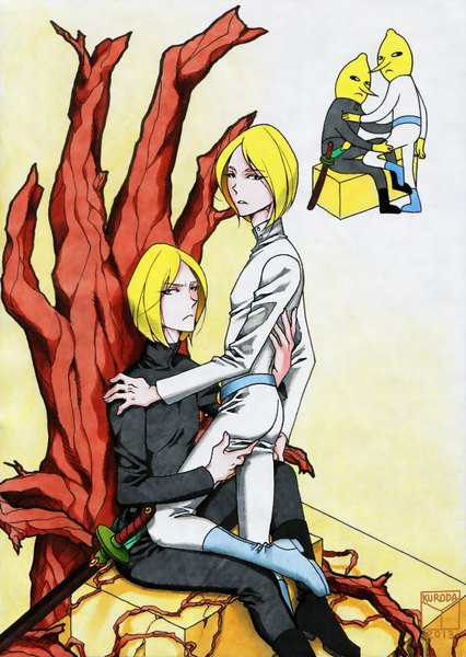 Anime picture 727x1024 with adventure time lemongrabs yumichika kuroda tall image looking at viewer short hair blonde hair standing sitting signed multiple boys hug siblings twins shounen ai dual persona traditional media brothers boy weapon