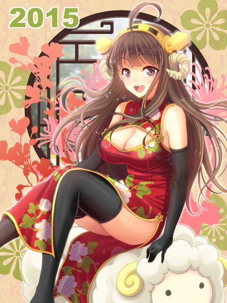 Anime-Bild 800x1067 mit kantai collection kongou battleship youshuu single long hair tall image looking at viewer breasts open mouth light erotic brown hair large breasts sitting brown eyes cleavage ahoge traditional clothes horn (horns) teeth chinese clothes