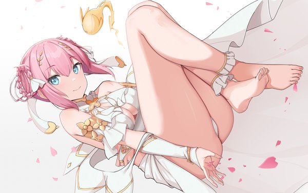 Anime picture 3508x2193 with princess connect! re:dive princess connect! yui (princess connect!) xubai single looking at viewer fringe highres short hair breasts blue eyes light erotic smile hair between eyes pink hair absurdres full body barefoot bare legs crossed legs