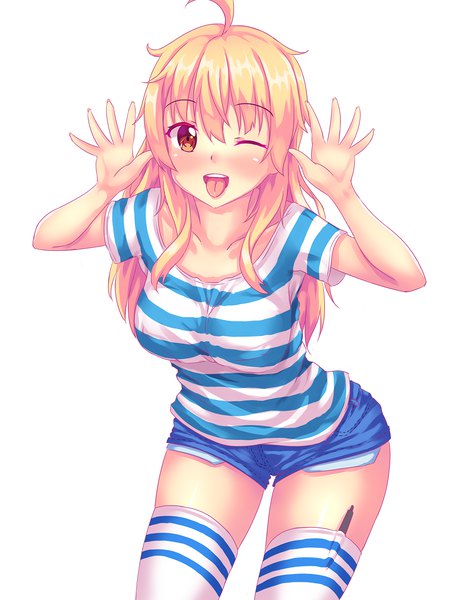 Anime picture 1200x1600 with original tiffy nottytiffy single long hair tall image looking at viewer blush open mouth simple background blonde hair smile red eyes standing white background ahoge one eye closed wink arms up leaning