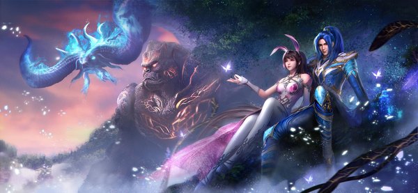 Anime picture 1640x757 with douluo continent xiao wu tang san da ming (douluo dalu) er ming (douluo dalu) zeroyuen long hair fringe brown hair wide image sitting bare shoulders animal ears blue hair looking away sky cloud (clouds) full body bent knee (knees) outdoors