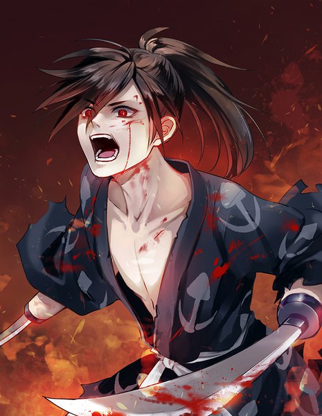 Anime picture 776x1000 with dororo (tezuka) hyakkimaru (dororo) akatachibana single long hair tall image fringe open mouth black hair hair between eyes red eyes upper body ponytail traditional clothes japanese clothes torn clothes blood on face bloody clothes screaming bloody weapon