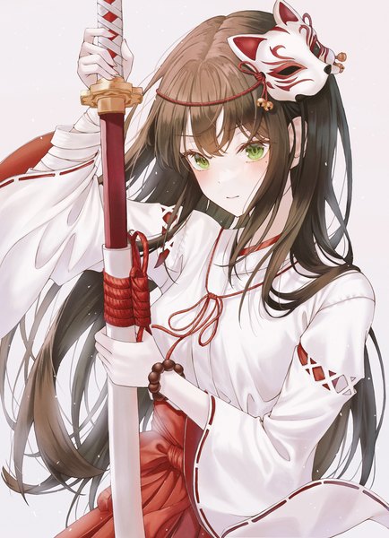 Anime picture 2172x3000 with original oert129 single long hair tall image looking at viewer blush fringe highres black hair simple background standing white background holding green eyes upper body traditional clothes japanese clothes arm up wide sleeves