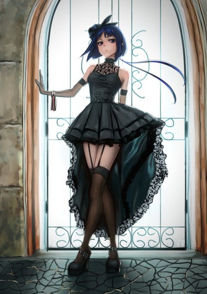 Anime picture 1240x1754 with original ryohhe single tall image looking at viewer fringe short hair breasts blue eyes standing blue hair full body indoors head tilt crossed legs (standing) girl thighhighs dress gloves bow