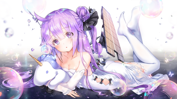 Anime-Bild 2000x1125 mit azur lane unicorn (azur lane) apple caramel single long hair looking at viewer blush fringe highres breasts open mouth hair between eyes wide image purple eyes bare shoulders cleavage purple hair full body ahoge ass