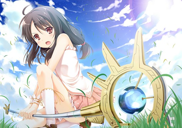 Anime picture 1000x708 with yuuri nayuta long hair blush open mouth black hair red eyes bare shoulders sky cloud (clouds) girl dress socks white socks staff