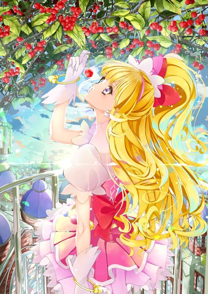 Anime picture 1074x1517 with precure mahou girls precure! toei animation asahina mirai cure miracle yuutarou (fukiiincho) single long hair tall image blonde hair holding puffy sleeves one side up looking up magical girl girl dress gloves bracelet white gloves