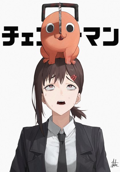 Anime picture 3000x4298 with chainsaw man mappa pochita (chainsaw man) higashiyama kobeni chanism! single tall image highres short hair simple background brown hair white background brown eyes upper body copyright name looking up low ponytail sweatdrop animal on head girl