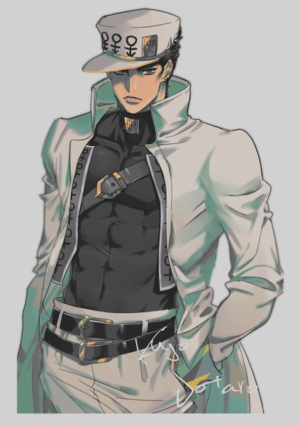 Anime picture 1200x1703 with jojo no kimyou na bouken kujo jotaro doran7280 single tall image looking at viewer short hair black hair simple background lips grey background character names muscle hand in pocket abs boy hat belt turtleneck