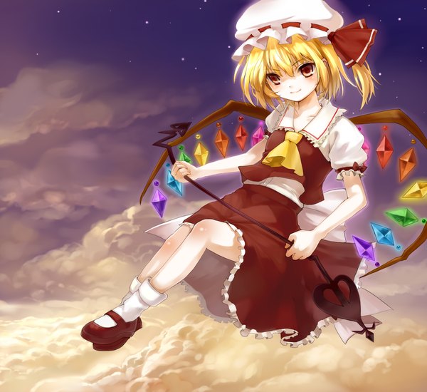 Anime picture 1200x1100 with touhou flandre scarlet momoko (momopoco) single short hair blonde hair smile red eyes cloud (clouds) loli one side up girl dress skirt weapon wings bonnet skirt set laevatein (touhou)