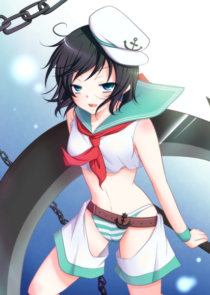 Anime picture 1300x1820 with touhou murasa minamitsu miki souya single tall image blush short hair open mouth blue eyes light erotic black hair girl underwear panties hat belt chain striped panties flat cap