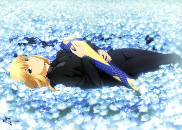 Anime picture 5992x4301 with fate (series) fate/zero type-moon artoria pendragon (all) saber single looking at viewer highres short hair blonde hair green eyes absurdres lying scan girl flower (flowers) suit