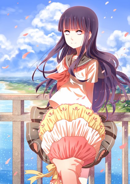 Anime picture 1200x1696 with naruto studio pierrot naruto (series) hyuuga hinata haneru long hair tall image looking at viewer fringe smile standing holding payot sky purple hair cloud (clouds) blunt bangs pleated skirt wind solo focus