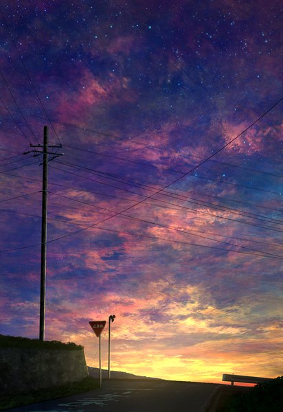 イラスト 893x1298 と オリジナル mks 長身像 cloud (clouds) night night sky 漢字 evening sunset no people scenic 夕暮れ 植物 星 草 送電線 道 traffic sign pole